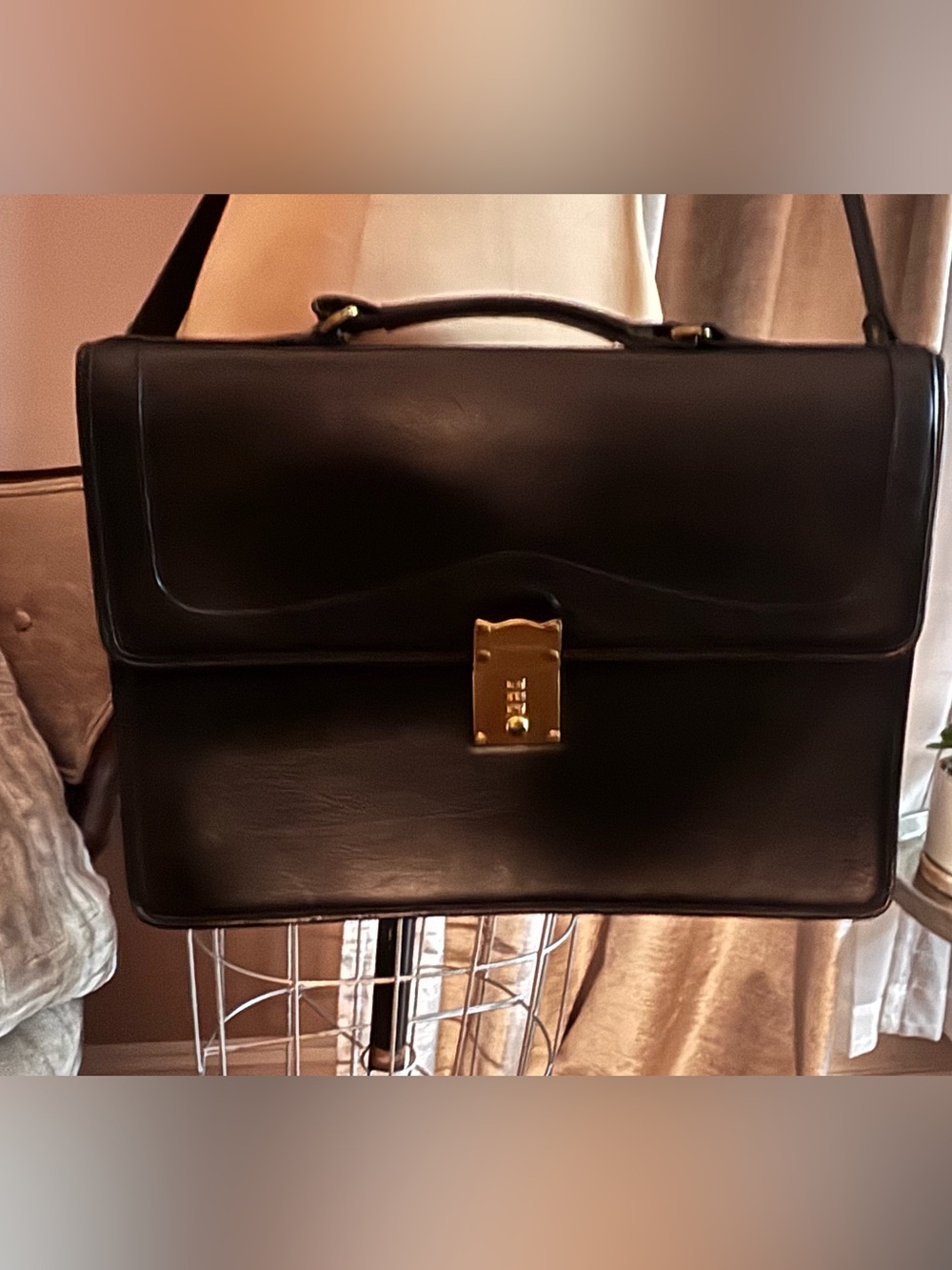 Vintage Crouch & Fitzgerald Black Leather Briefcase Brass Lock Attache Bag